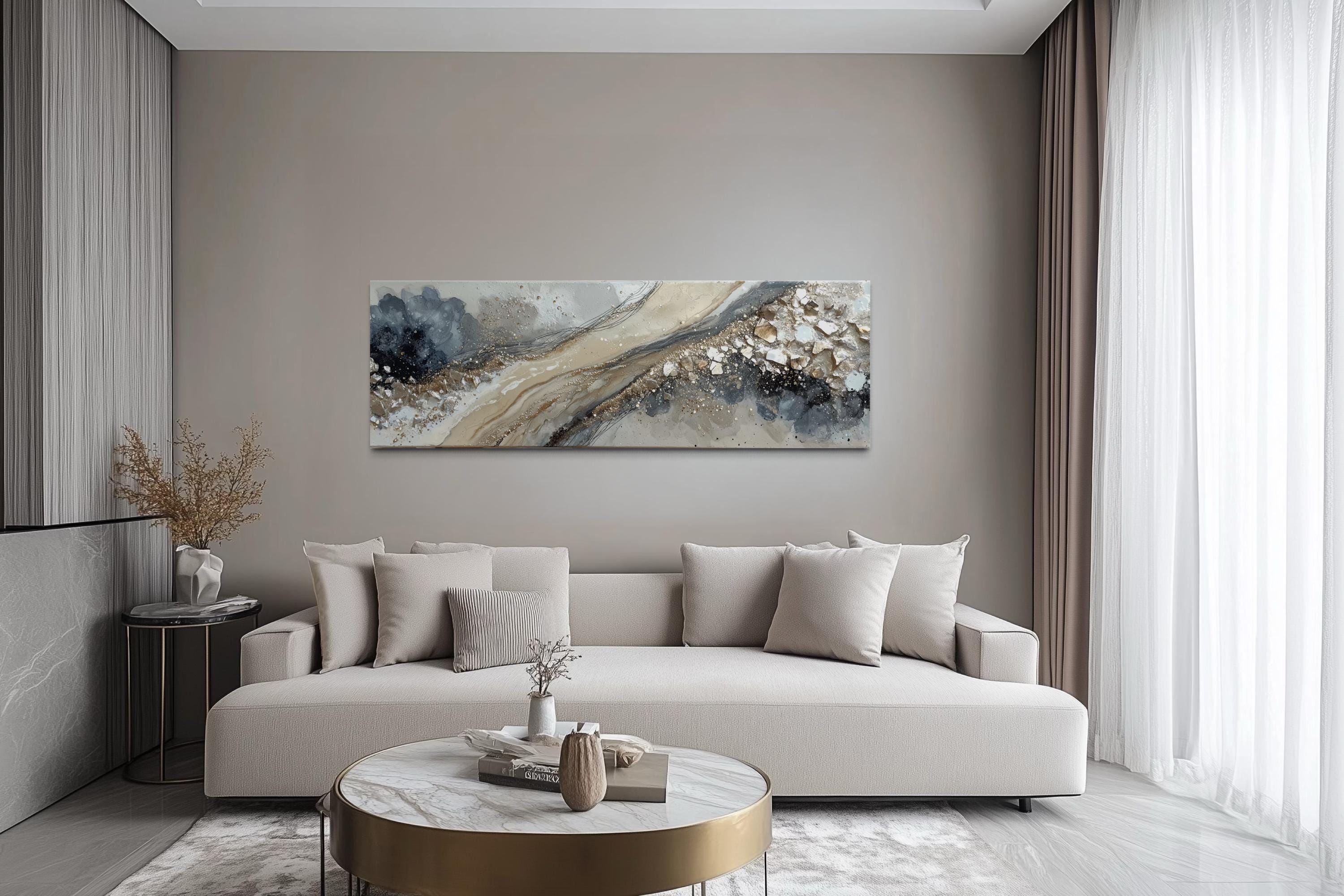 Neutral Grey Beige Gold Long Horizontal Abstract Canvas Wall Art For Above Bed Or Couch
