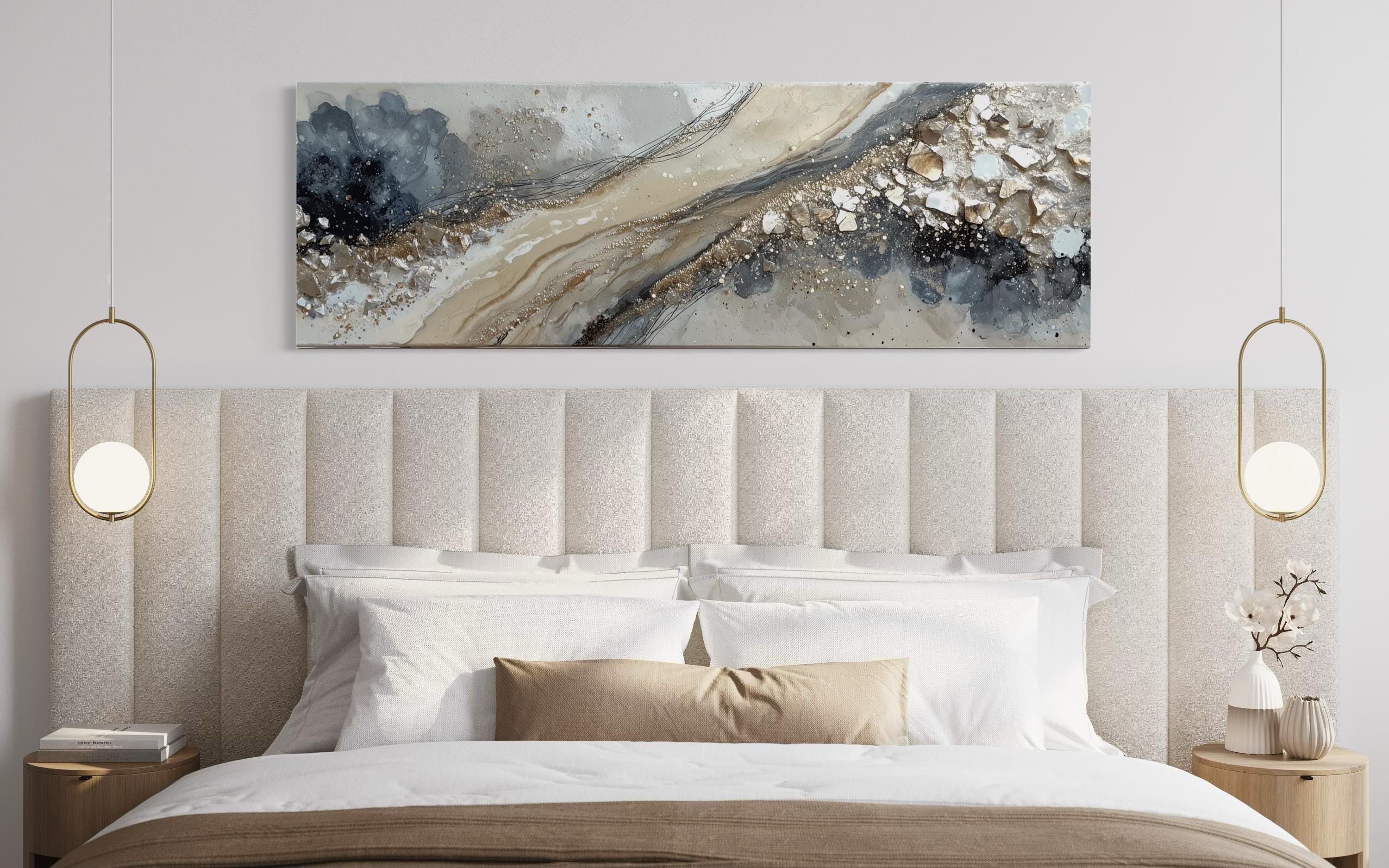 Neutral Grey Beige Gold Long Horizontal Abstract Canvas Wall Art For Above Bed Or Couch