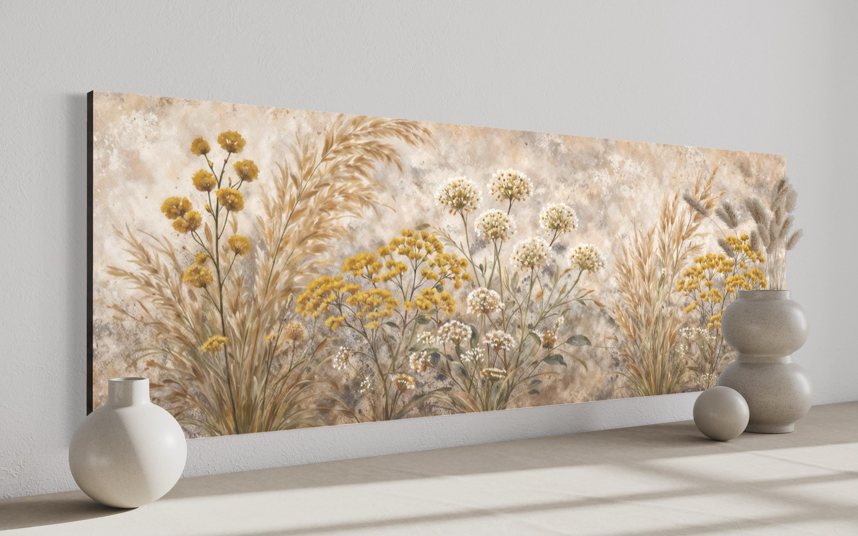Neutral Wildflowers Long Narrow Wall Art – Grass Meadow Canvas Print | Boho Farmhouse Decor