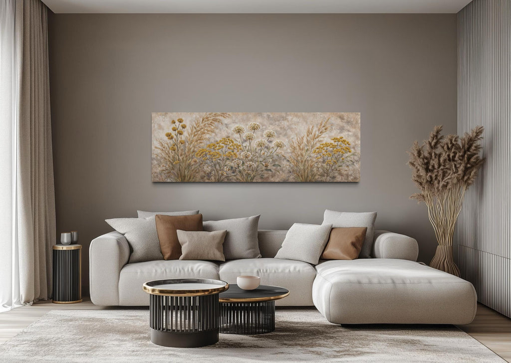 Neutral Wildflowers Long Narrow Wall Art – Grass Meadow Canvas Print | Boho Farmhouse Decor