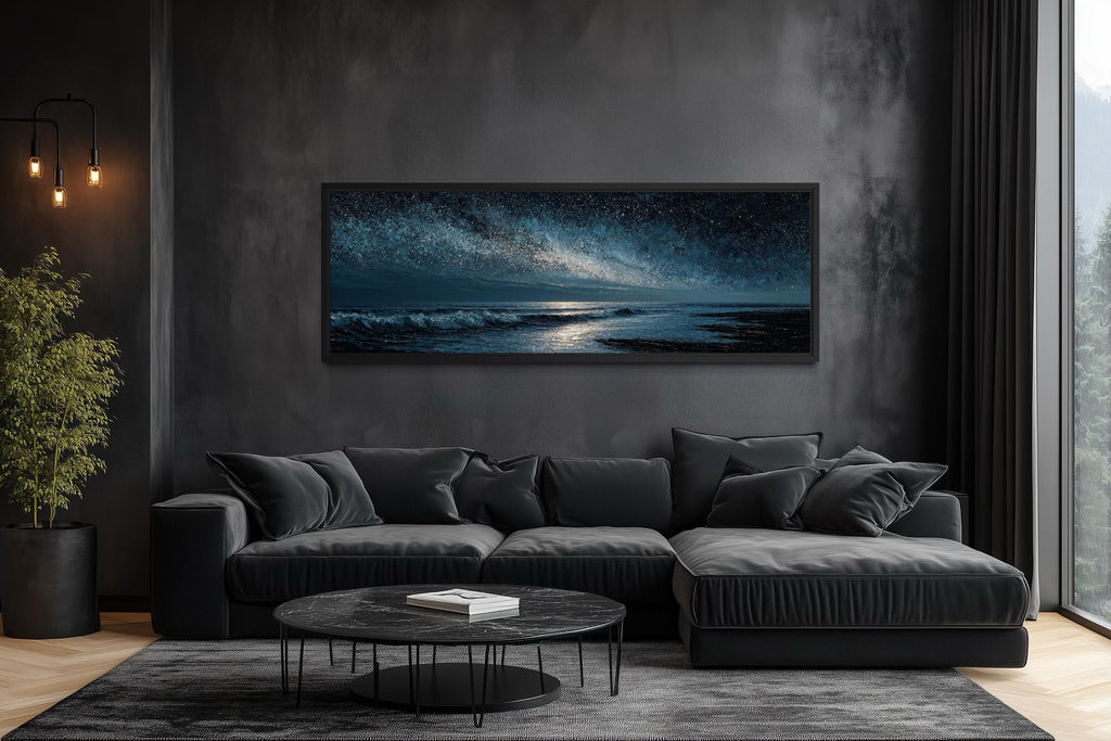 Night Ocean Wall Art – Panoramic Dark Blue Seascape Canvas Print With Starry Sky for Mens Bedroom
