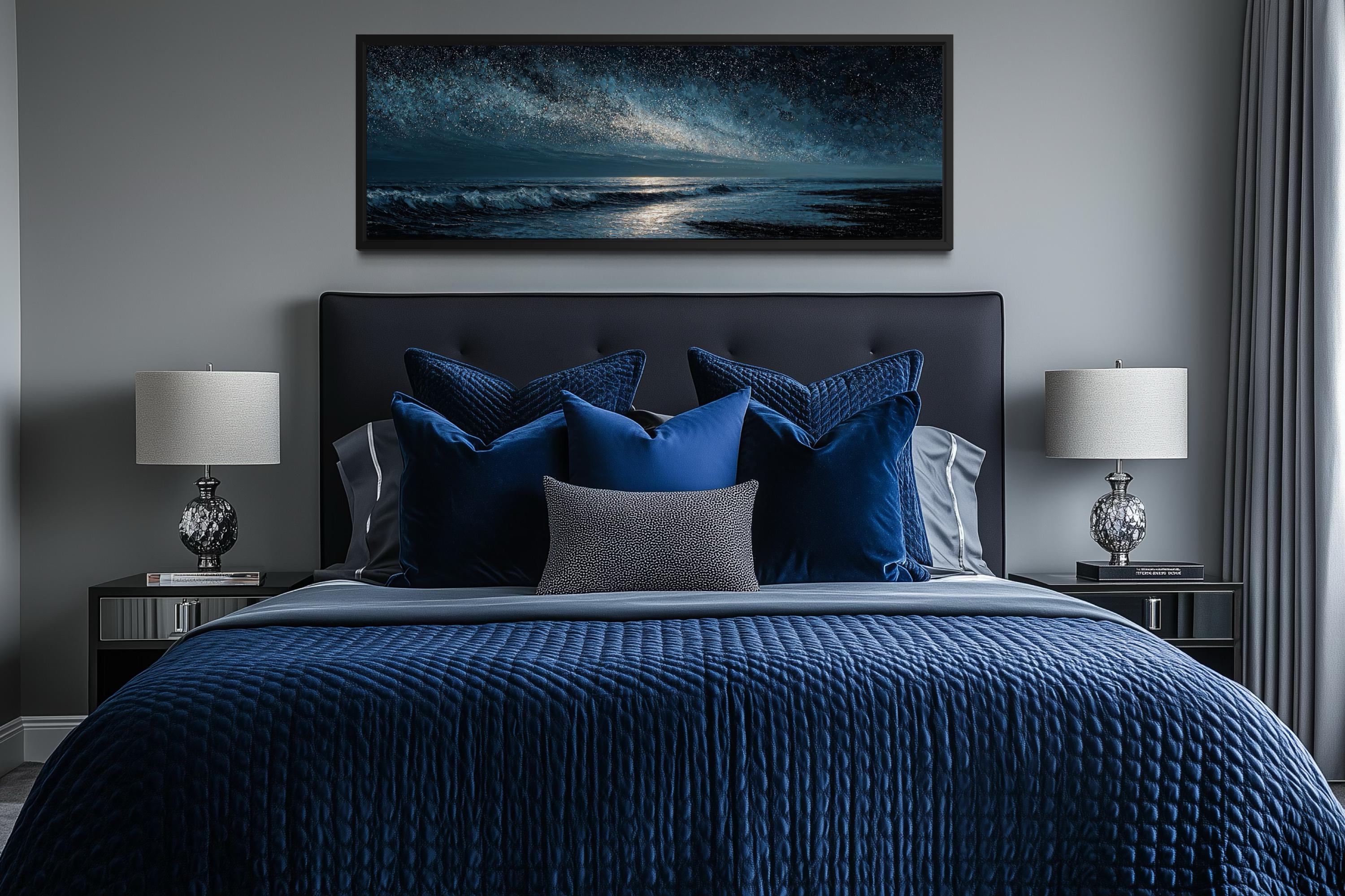 Night Ocean Wall Art – Panoramic Dark Blue Seascape Canvas Print With Starry Sky for Mens Bedroom