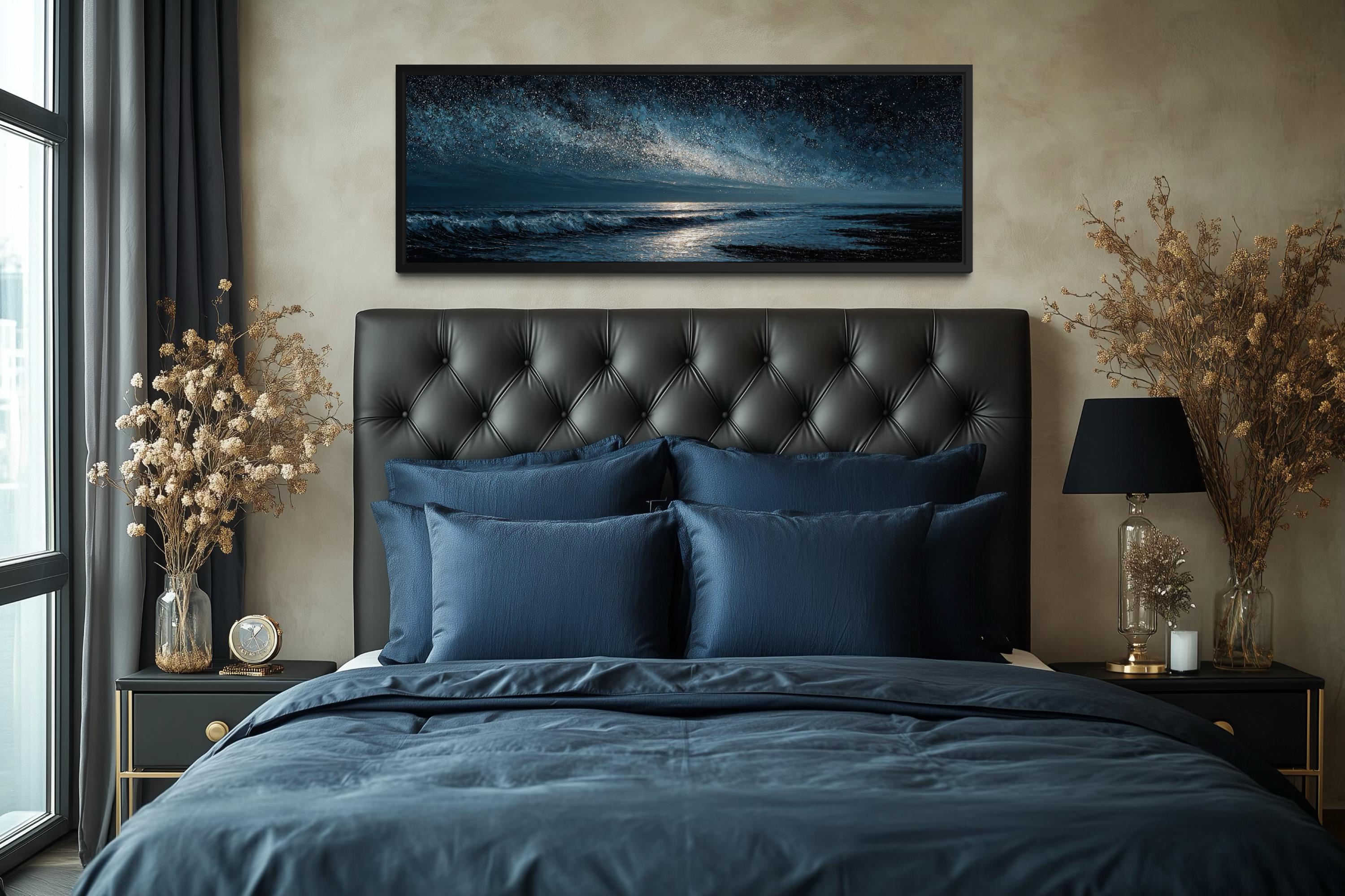 Night Ocean Wall Art – Panoramic Dark Blue Seascape Canvas Print With Starry Sky for Mens Bedroom