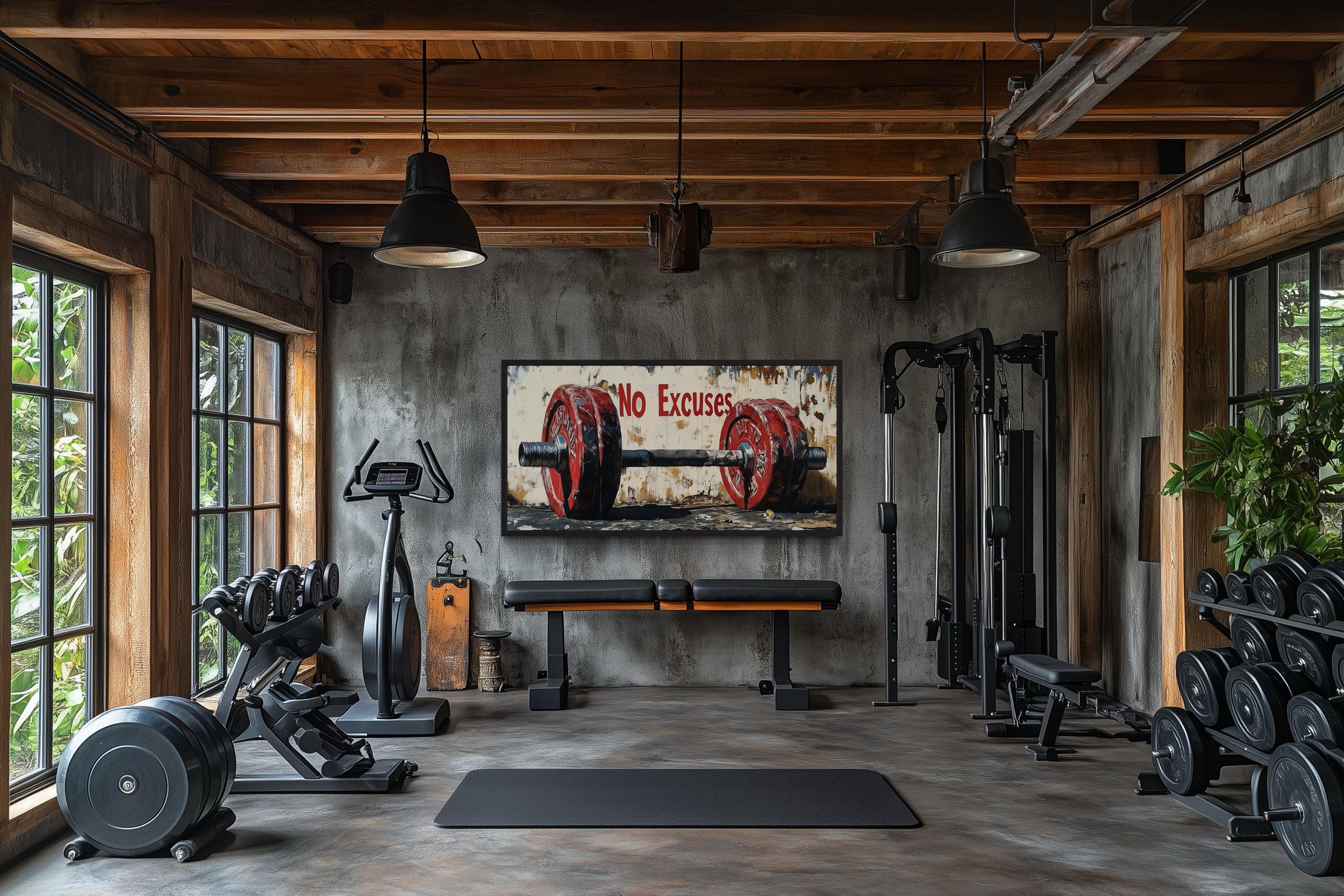No Excuses Motivational Gym Framed Canvas Wall Art With Red Barbell Painting