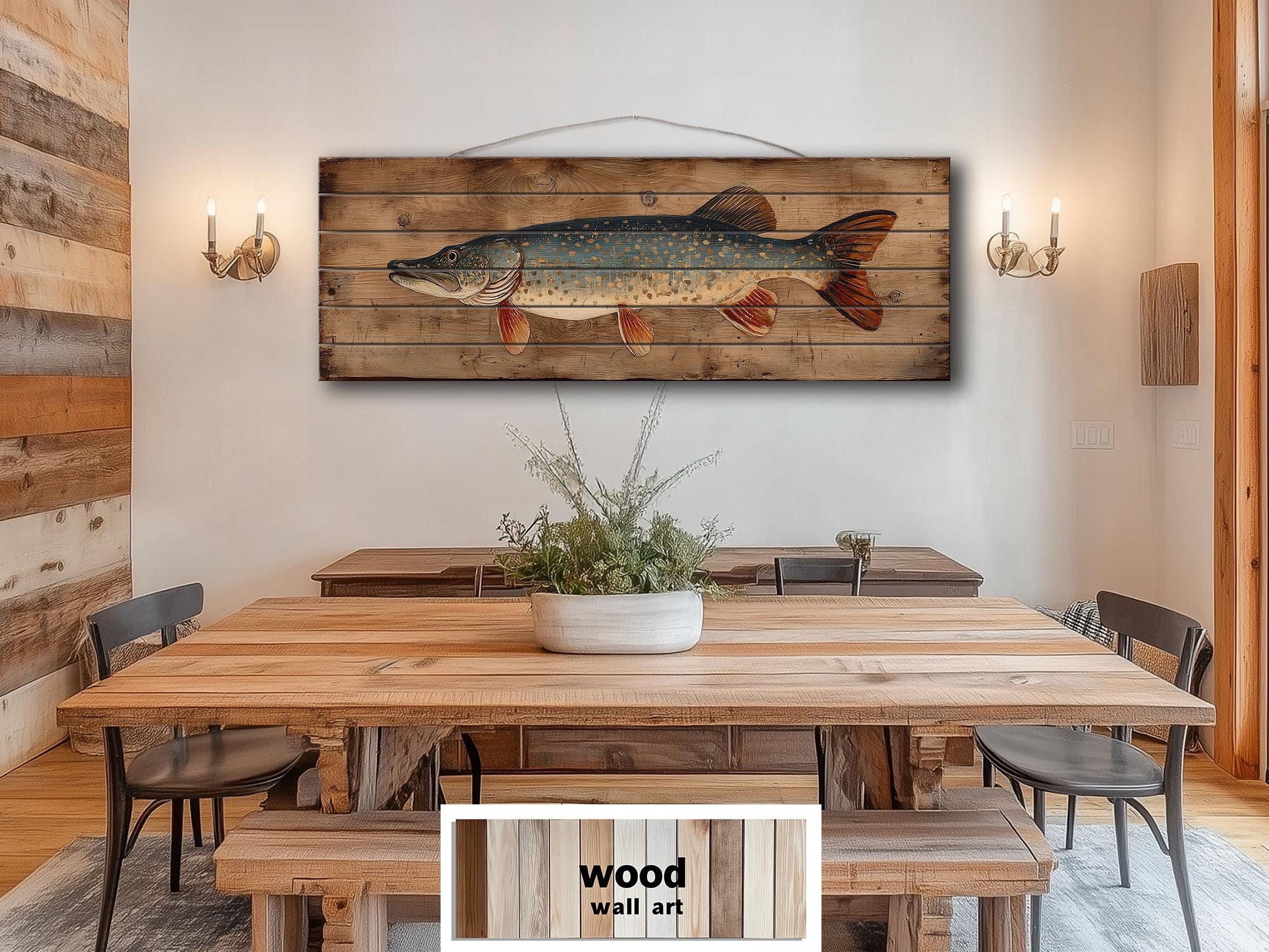 Northern Pike Distressed Wood Wall Art, Rustic Fishing Cabin Print On Wood Planks, Long Horizontal Lakehouse Angler Wall Decor