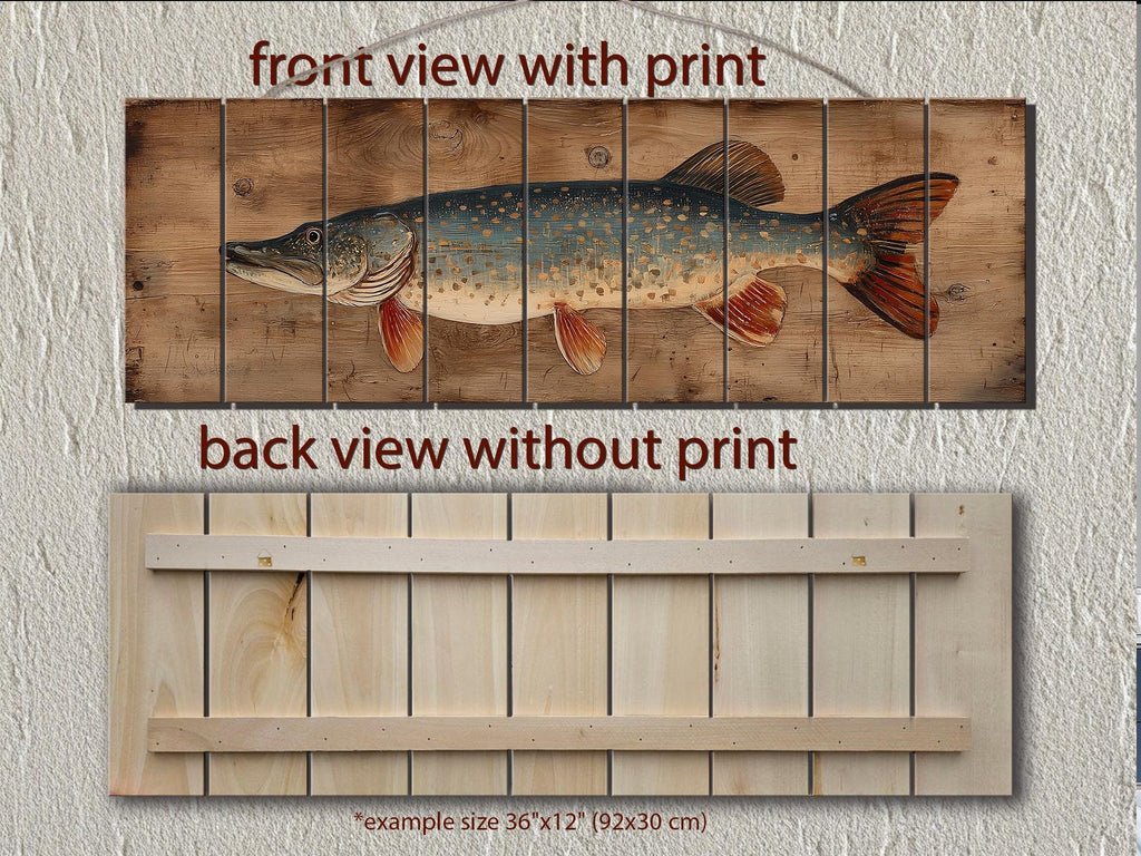 Northern Pike Distressed Wood Wall Art, Rustic Fishing Cabin Print On Wood Planks, Long Horizontal Lakehouse Angler Wall Decor