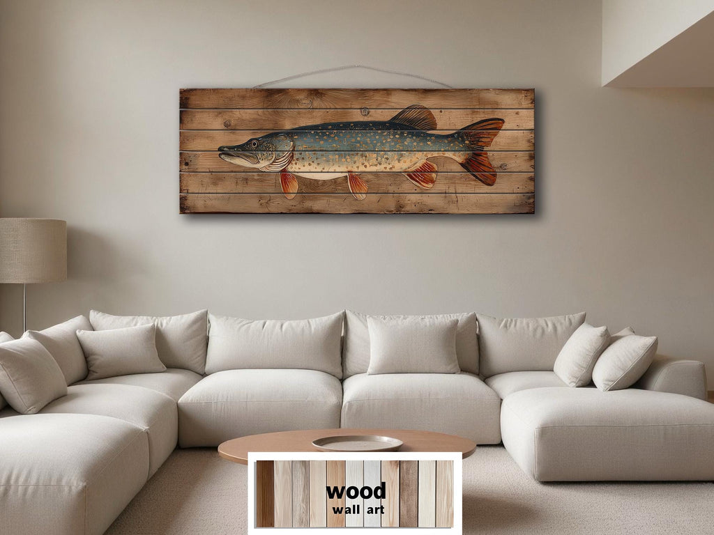 Northern Pike Distressed Wood Wall Art, Rustic Fishing Cabin Print On Wood Planks, Long Horizontal Lakehouse Angler Wall Decor