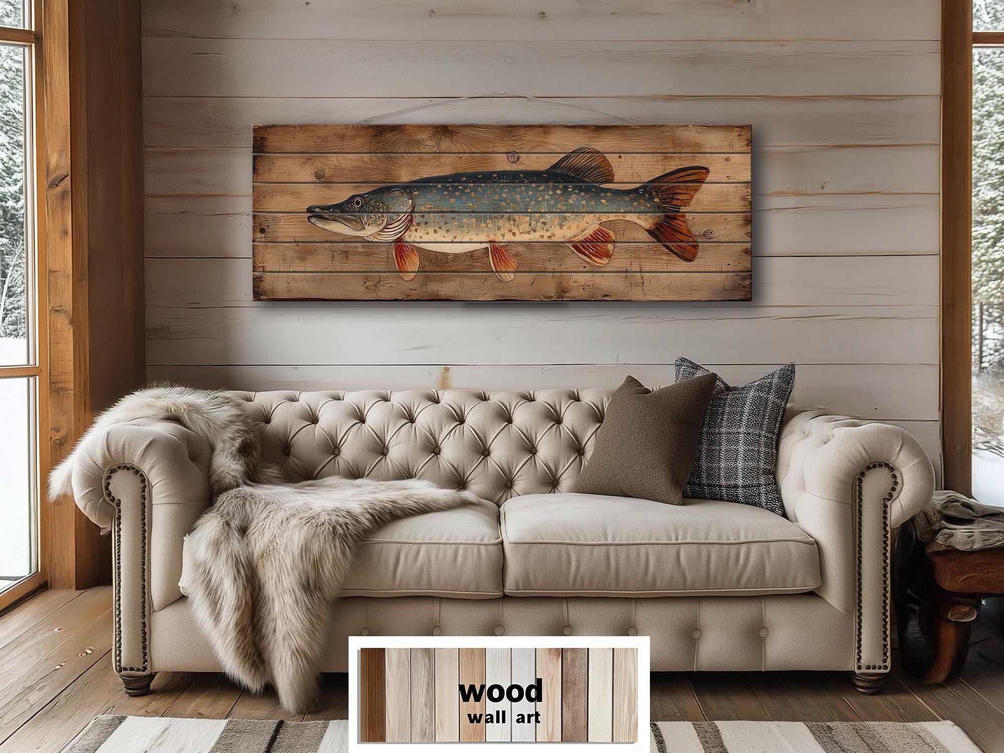 Northern Pike Distressed Wood Wall Art, Rustic Fishing Cabin Print On Wood Planks, Long Horizontal Lakehouse Angler Wall Decor