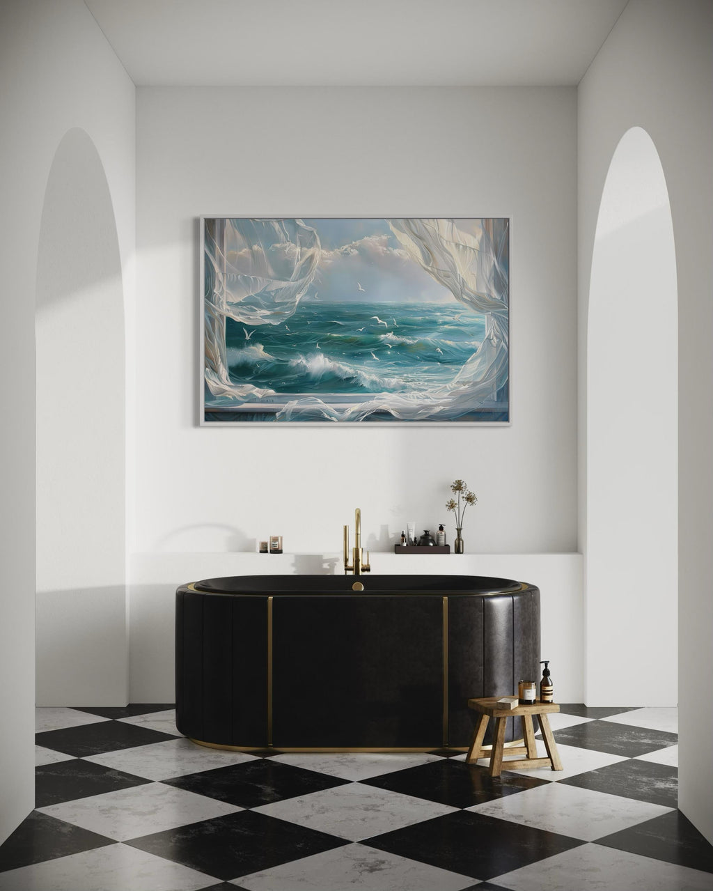 Ocean View From Window With Birds And Curtains Framed Canvas Wall Art