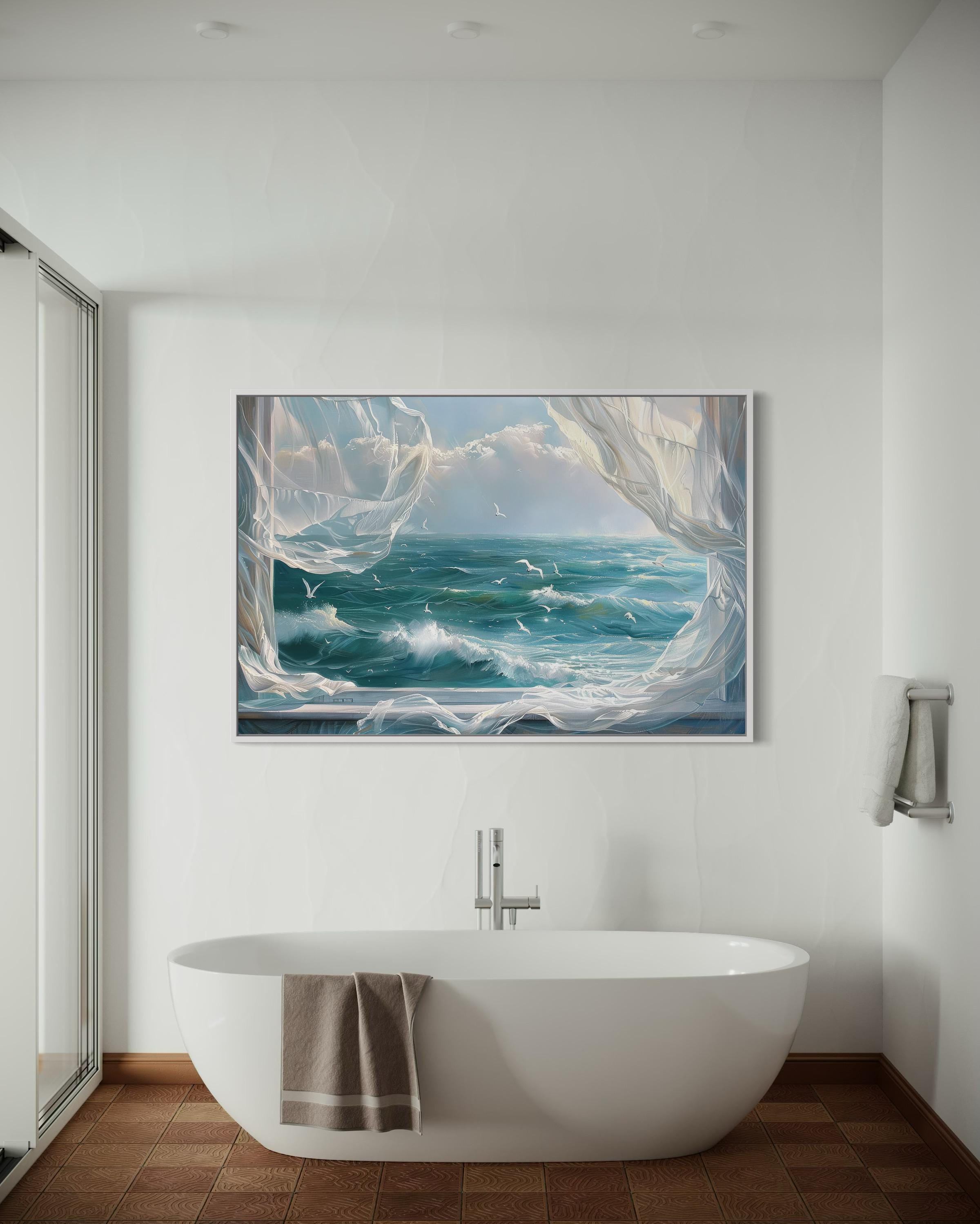 Ocean View From Window With Birds And Curtains Framed Canvas Wall Art
