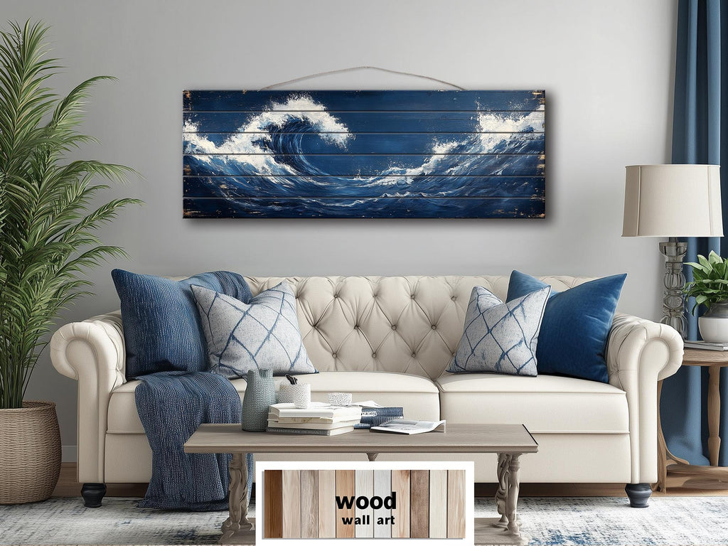 Ocean Wave Long Narrow Nautical Distressed Wood Wall Art