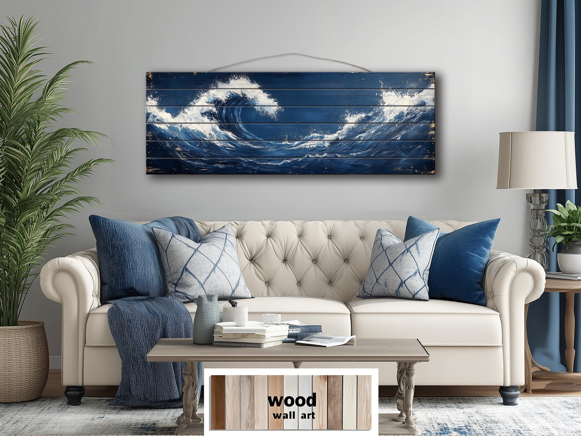 Ocean Wave Long Narrow Nautical Distressed Wood Wall Art