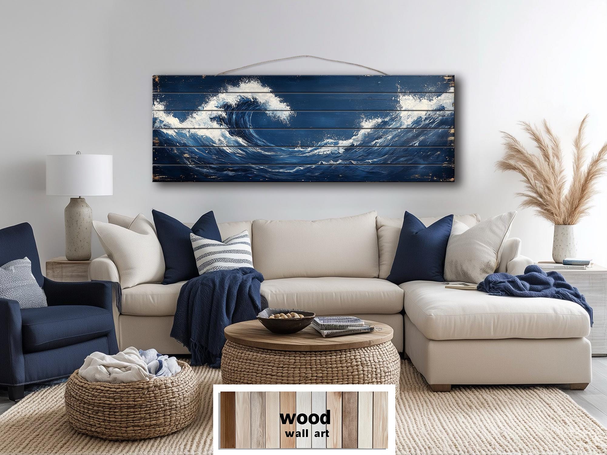 Ocean Wave Long Narrow Nautical Distressed Wood Wall Art