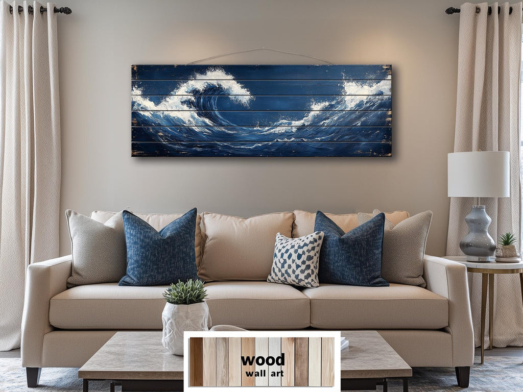 Ocean Wave Long Narrow Nautical Distressed Wood Wall Art