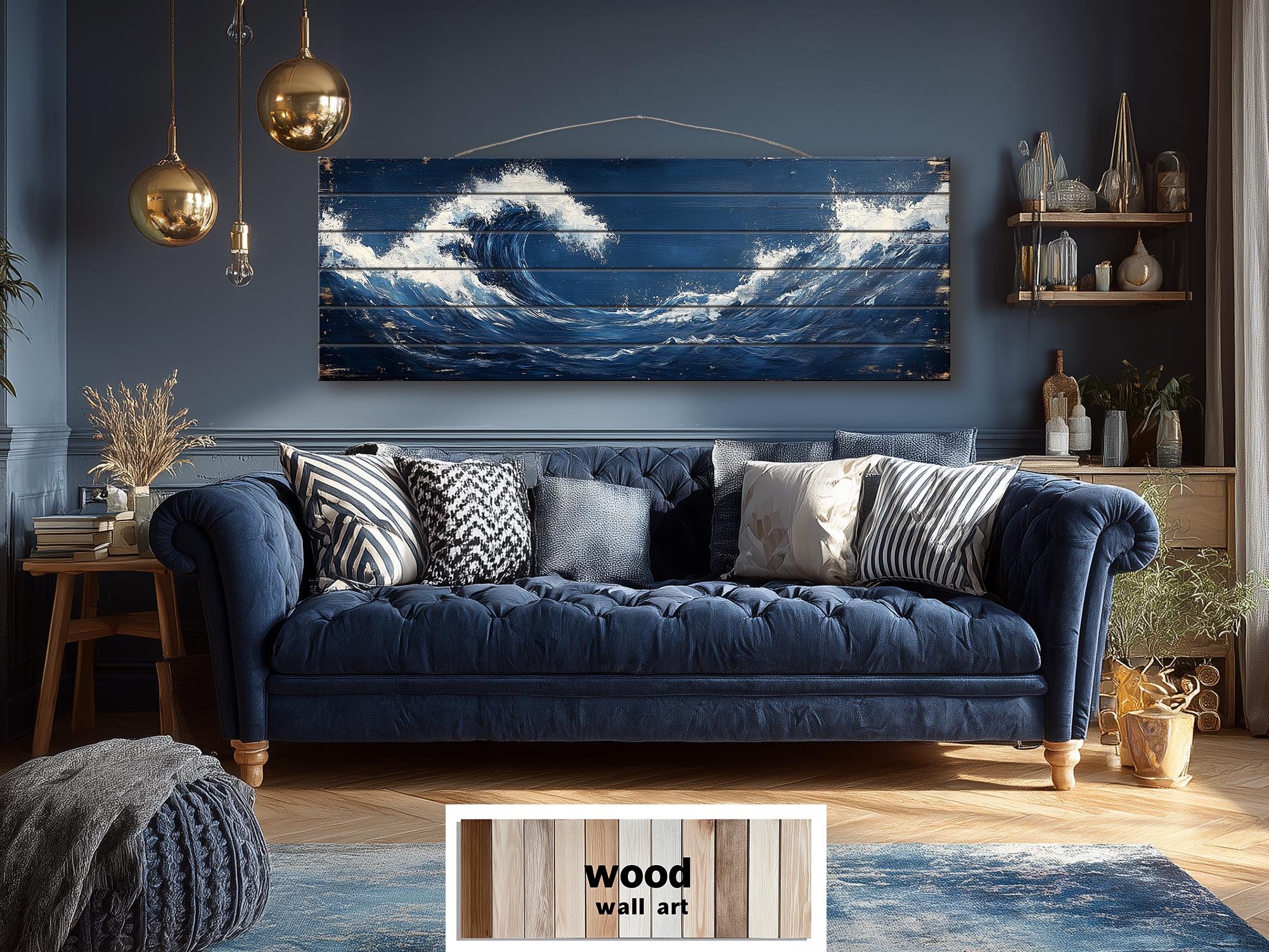 Ocean Wave Long Narrow Nautical Distressed Wood Wall Art
