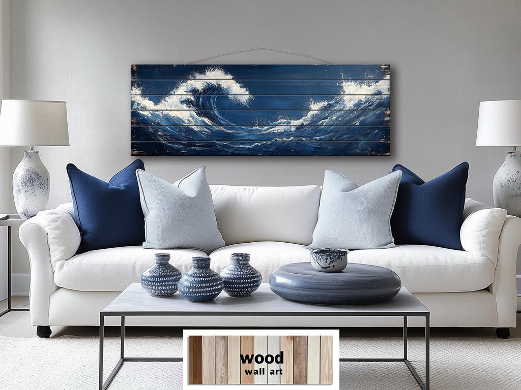 Ocean Wave Long Narrow Nautical Distressed Wood Wall Art