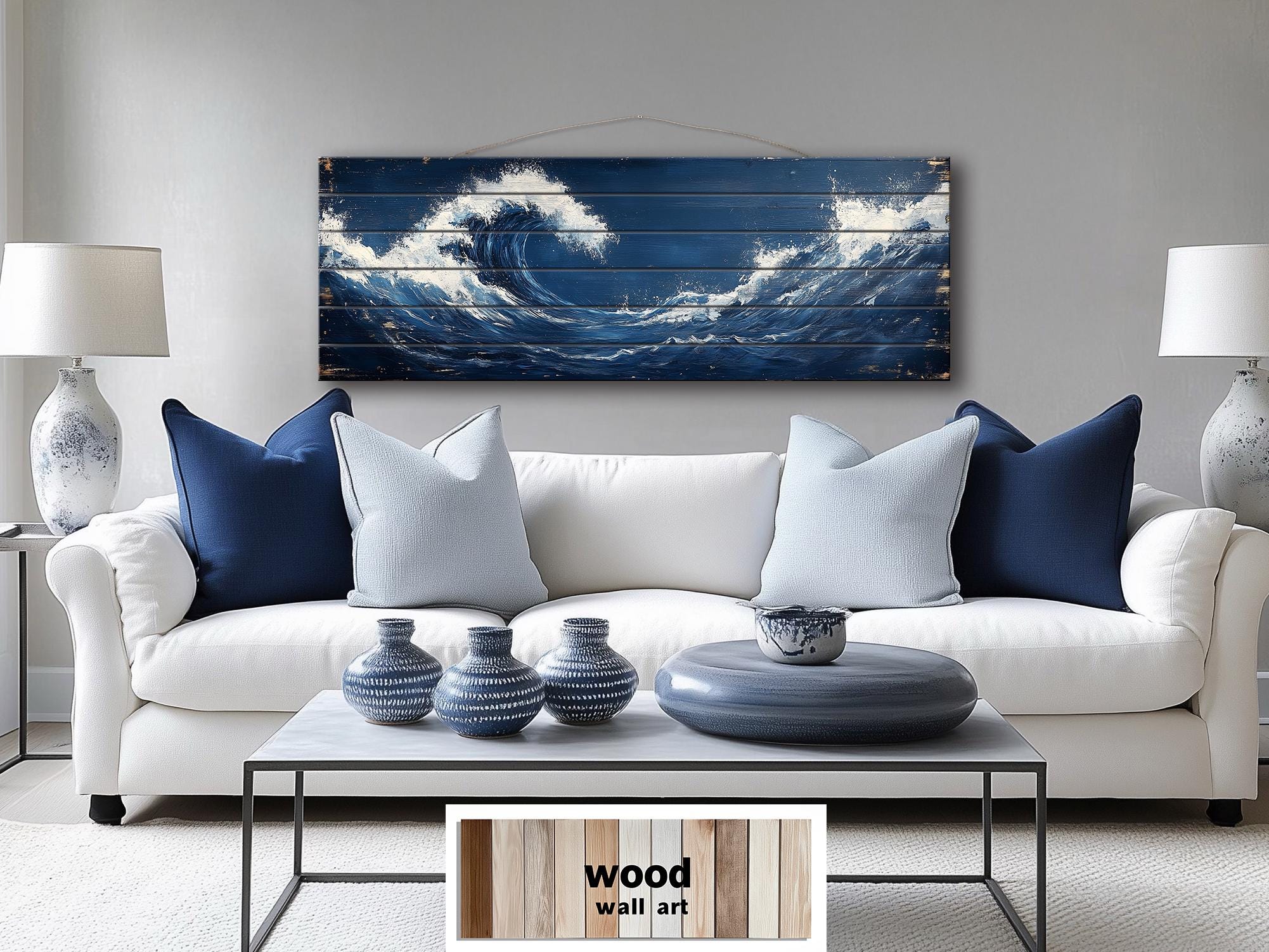 Ocean Wave Long Narrow Nautical Distressed Wood Wall Art