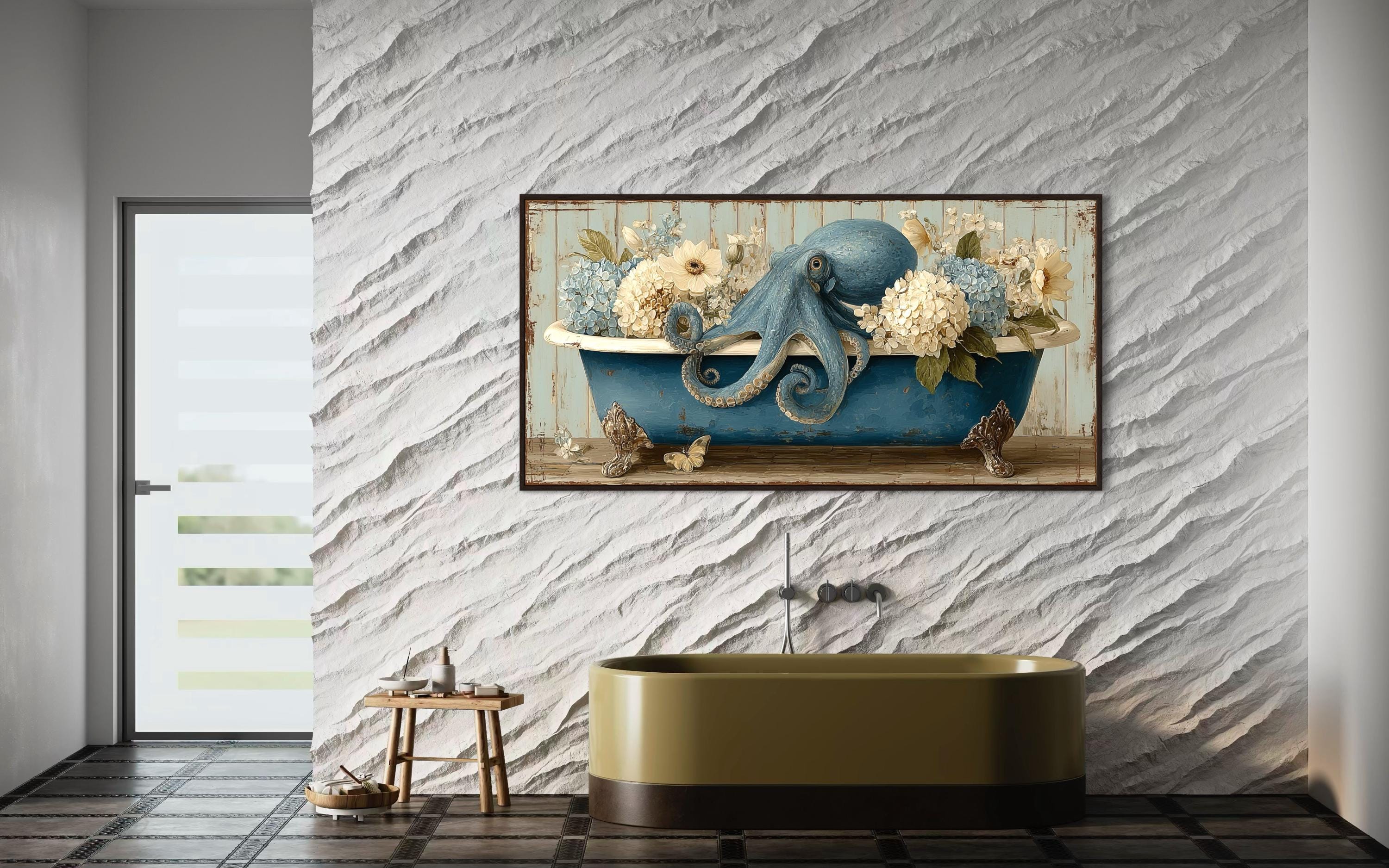 Octopus In Bathtub With Flowers Canvas Wall Art