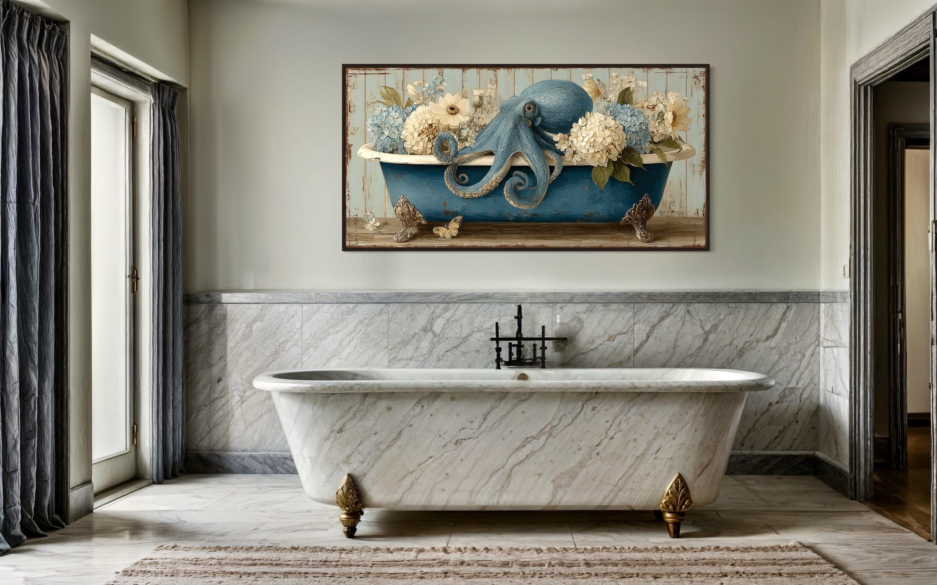 Octopus In Bathtub With Flowers Canvas Wall Art
