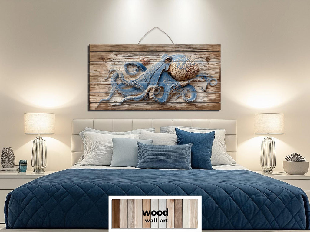Octopus On Driftwood Painting Distressed Wood Wall Art