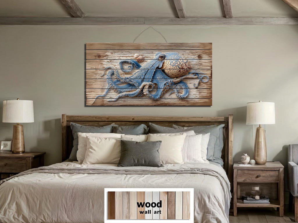 Octopus On Driftwood Painting Distressed Wood Wall Art