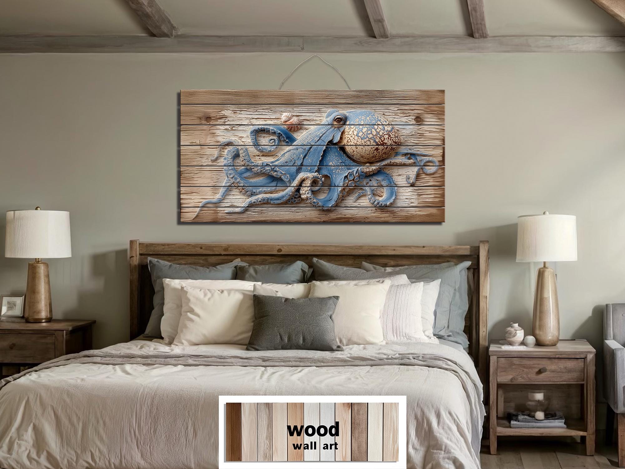Octopus On Driftwood Painting Distressed Wood Wall Art