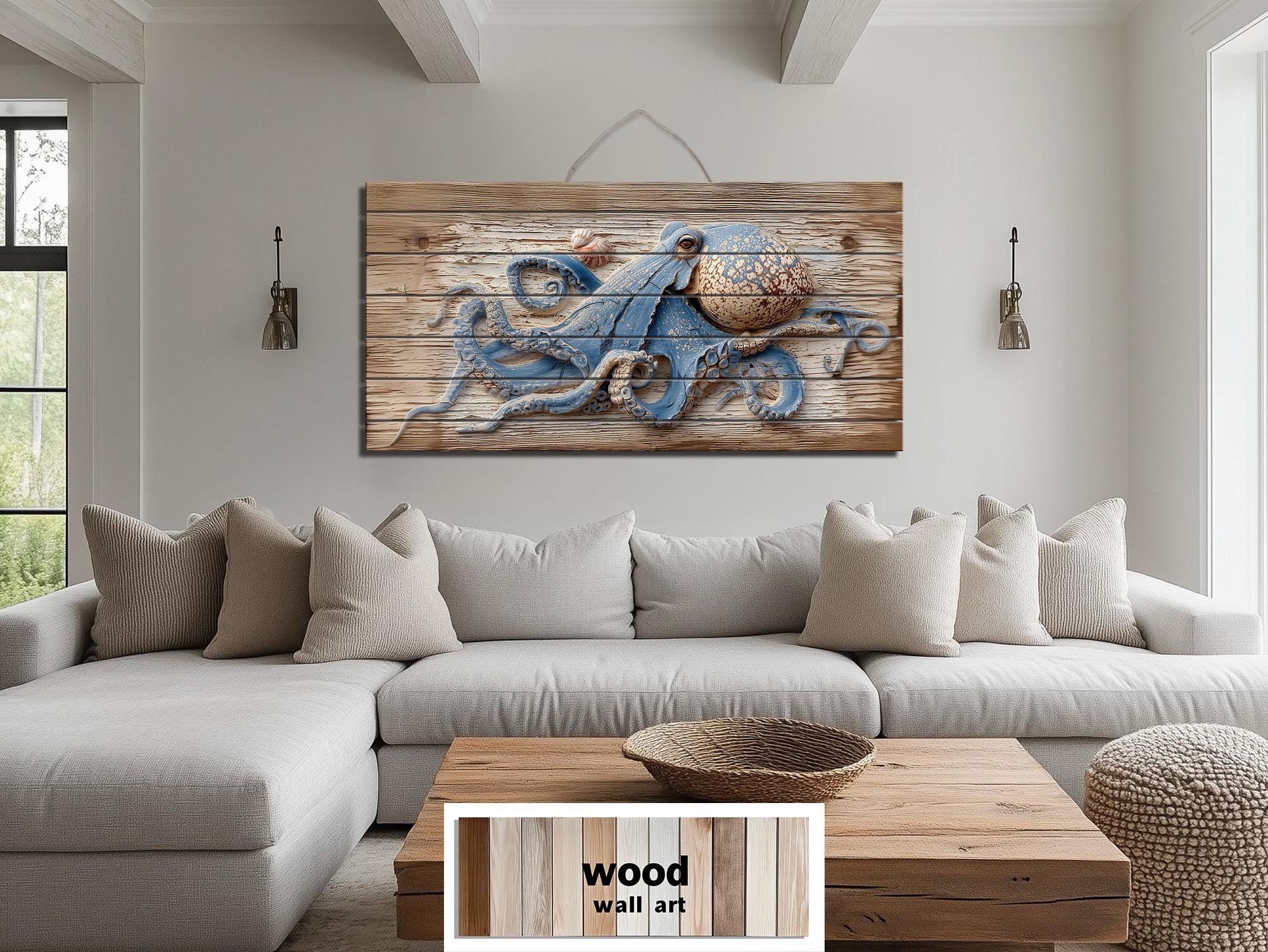 Octopus On Driftwood Painting Distressed Wood Wall Art