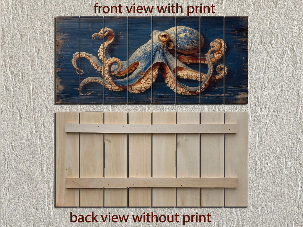 Octopus On Navy Blue Distressed Wood Wall Art