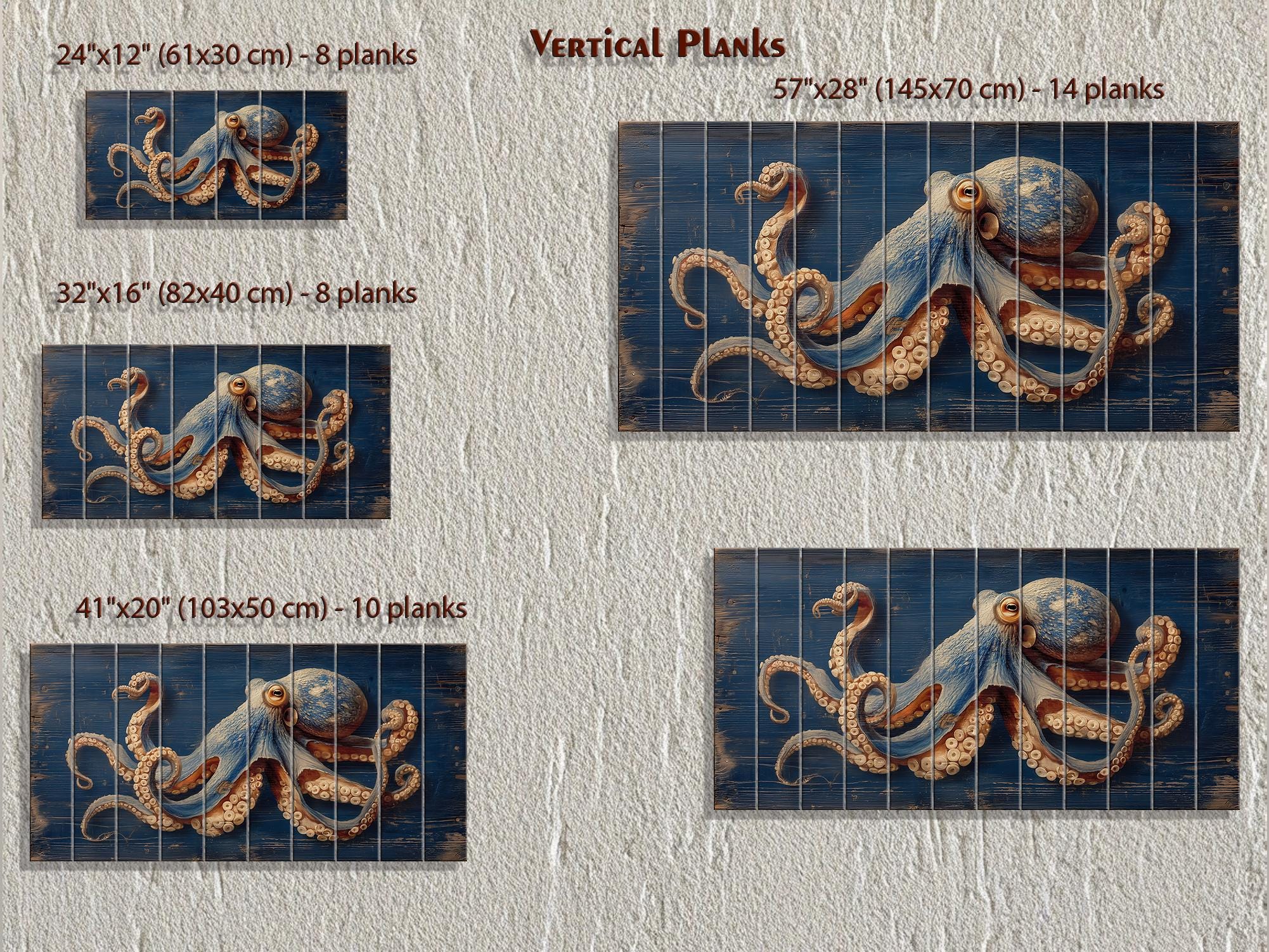 Octopus On Navy Blue Distressed Wood Wall Art