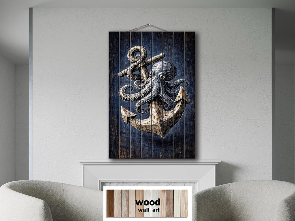 Octopus and Anchor Distressed Wood Wall Art, Nautical Wall Decor