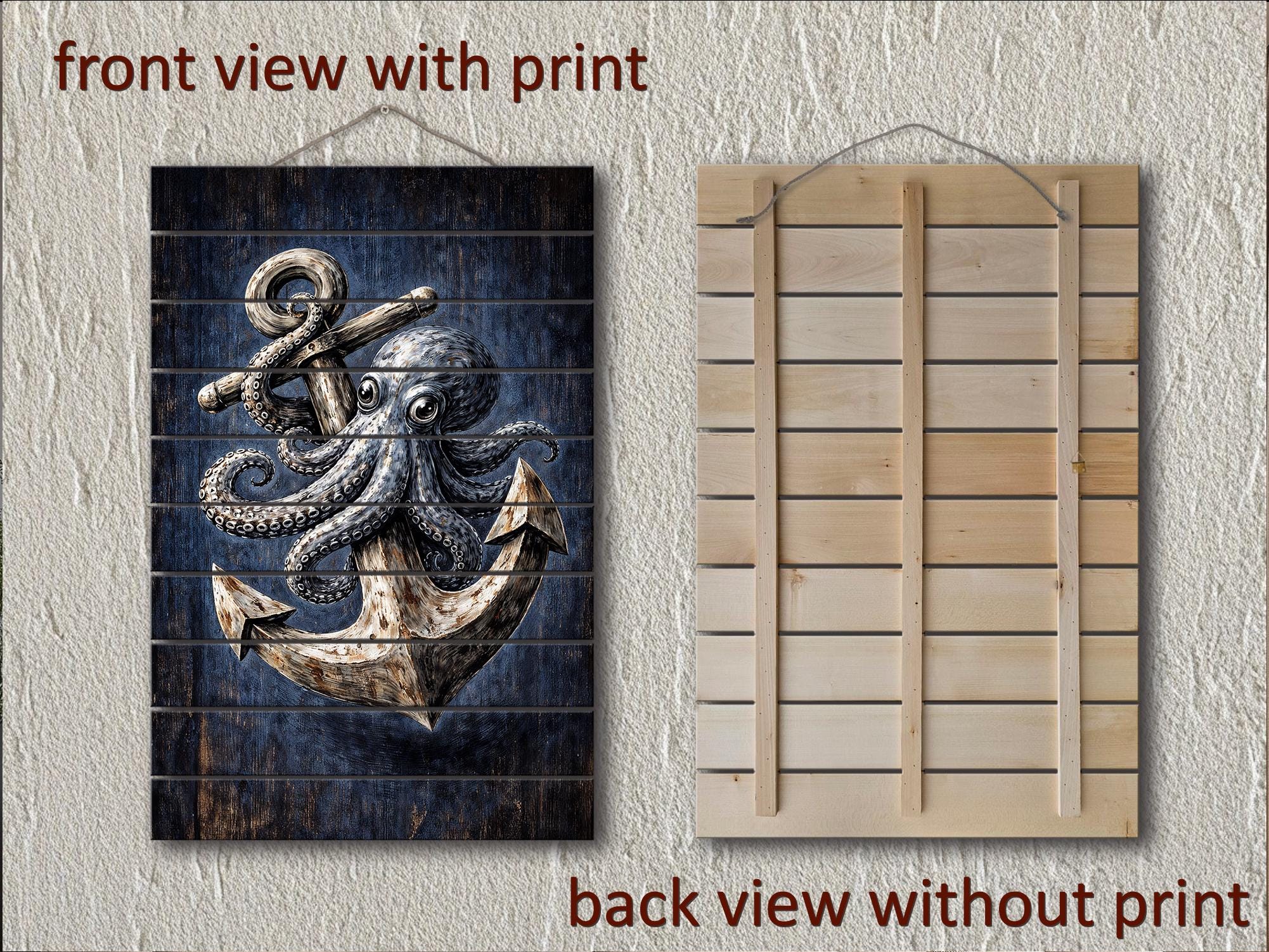 Octopus and Anchor Distressed Wood Wall Art, Nautical Wall Decor