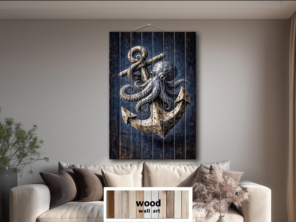 Octopus and Anchor Distressed Wood Wall Art, Nautical Wall Decor