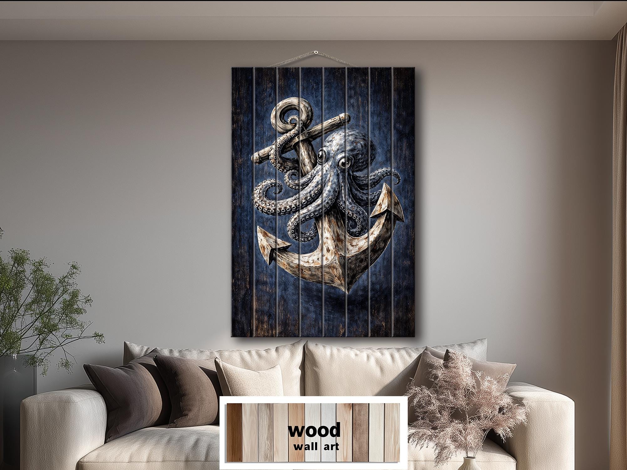 Octopus and Anchor Distressed Wood Wall Art, Nautical Wall Decor