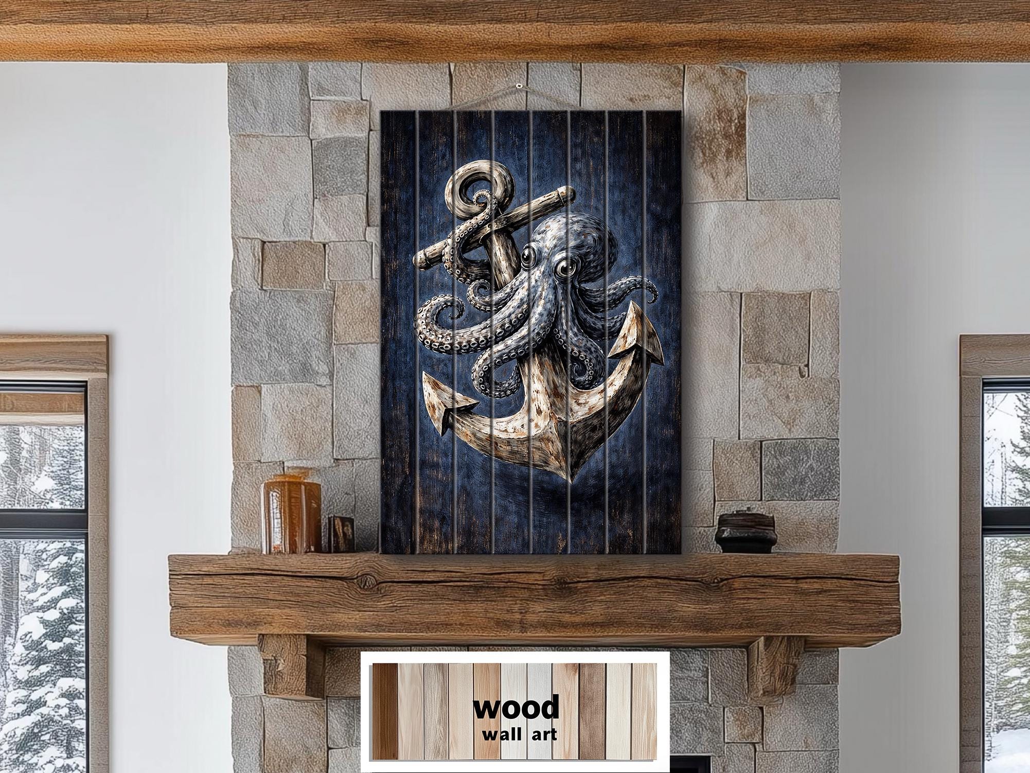 Octopus and Anchor Distressed Wood Wall Art, Nautical Wall Decor