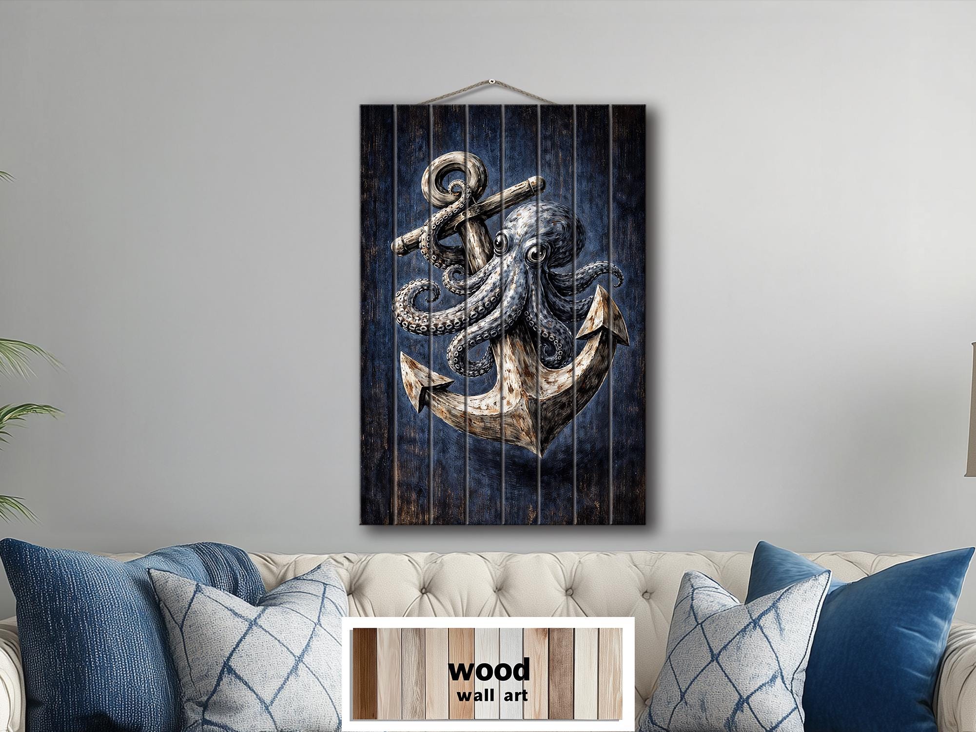 Octopus and Anchor Distressed Wood Wall Art, Nautical Wall Decor