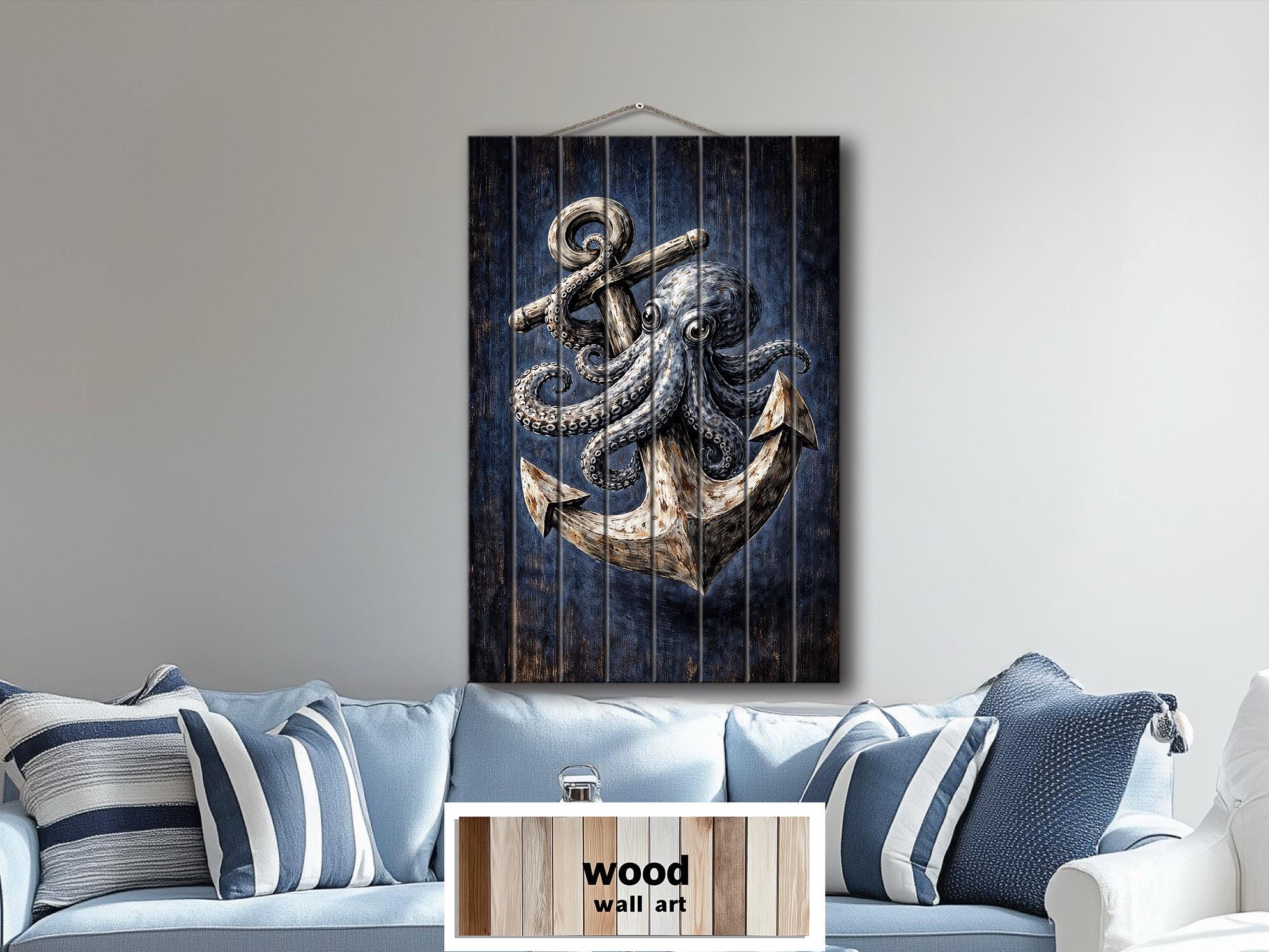 Octopus and Anchor Distressed Wood Wall Art, Nautical Wall Decor