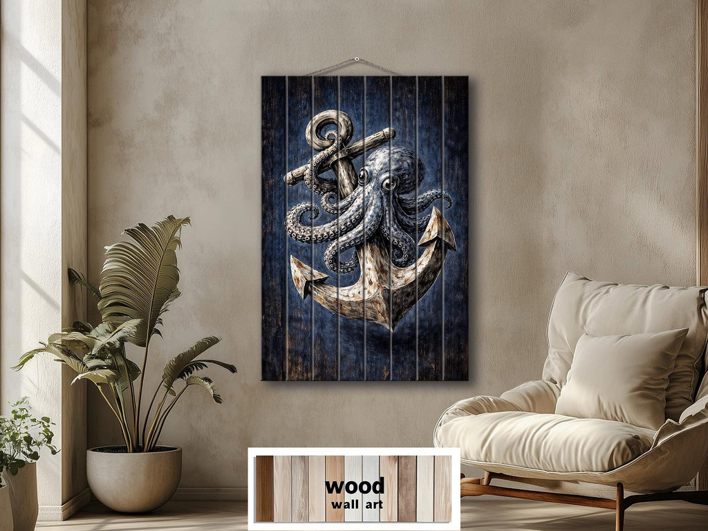 Octopus and Anchor Distressed Wood Wall Art, Nautical Wall Decor