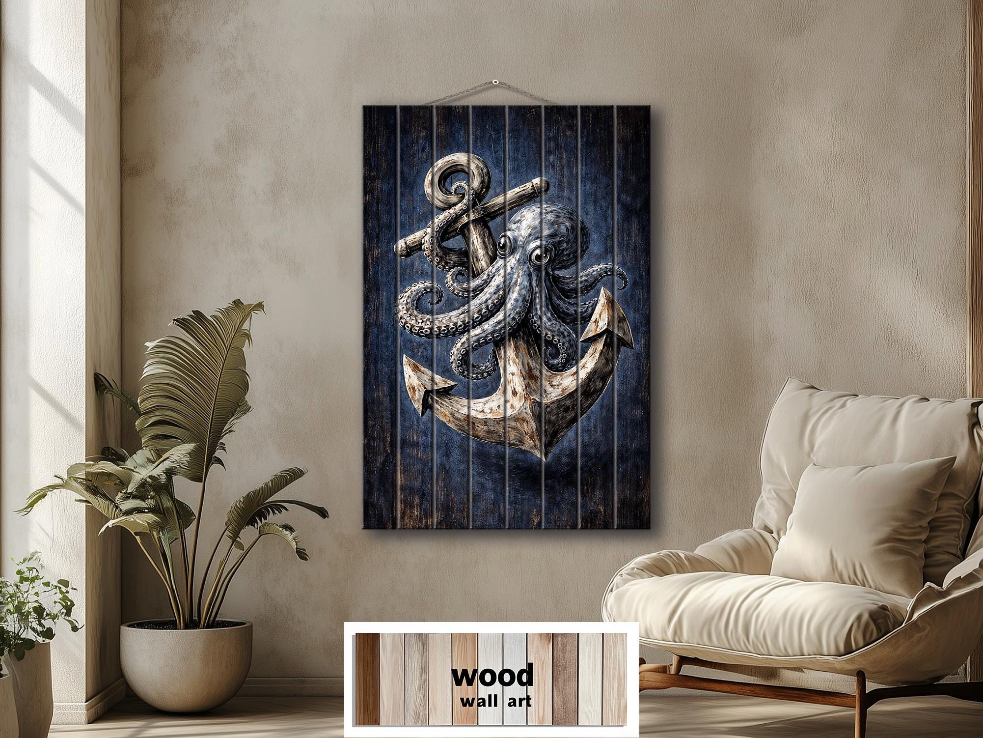 Octopus and Anchor Distressed Wood Wall Art, Nautical Wall Decor