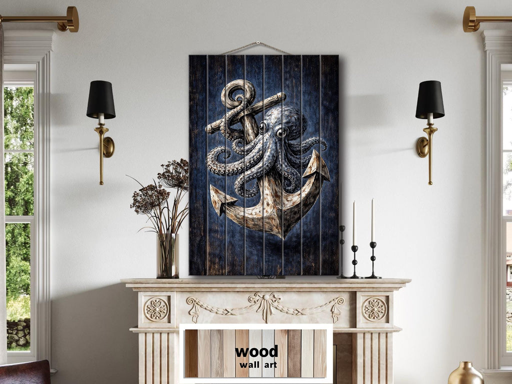 Octopus and Anchor Distressed Wood Wall Art, Nautical Wall Decor