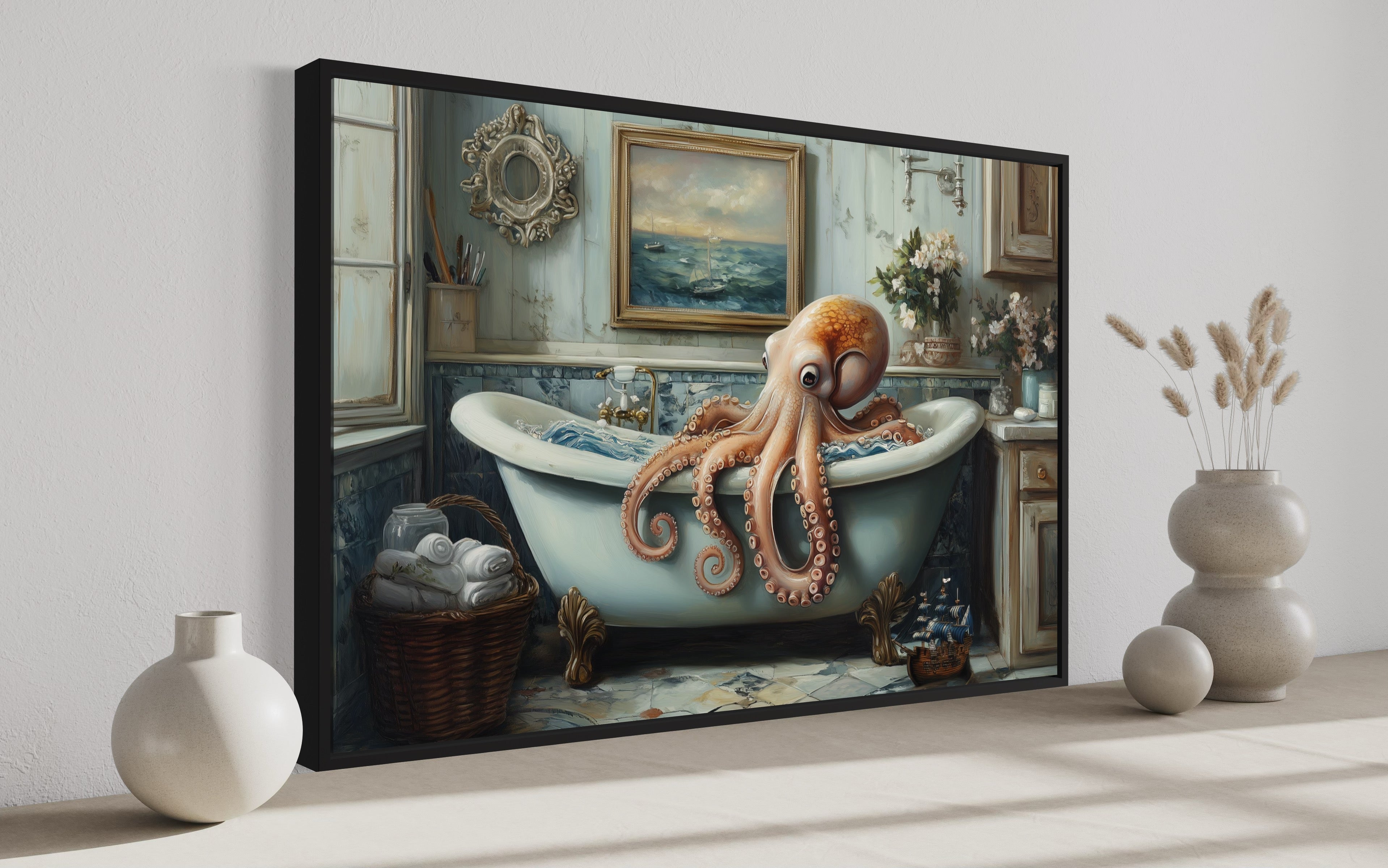 Octopus in a Bathtub Framed Canvas Wall Art