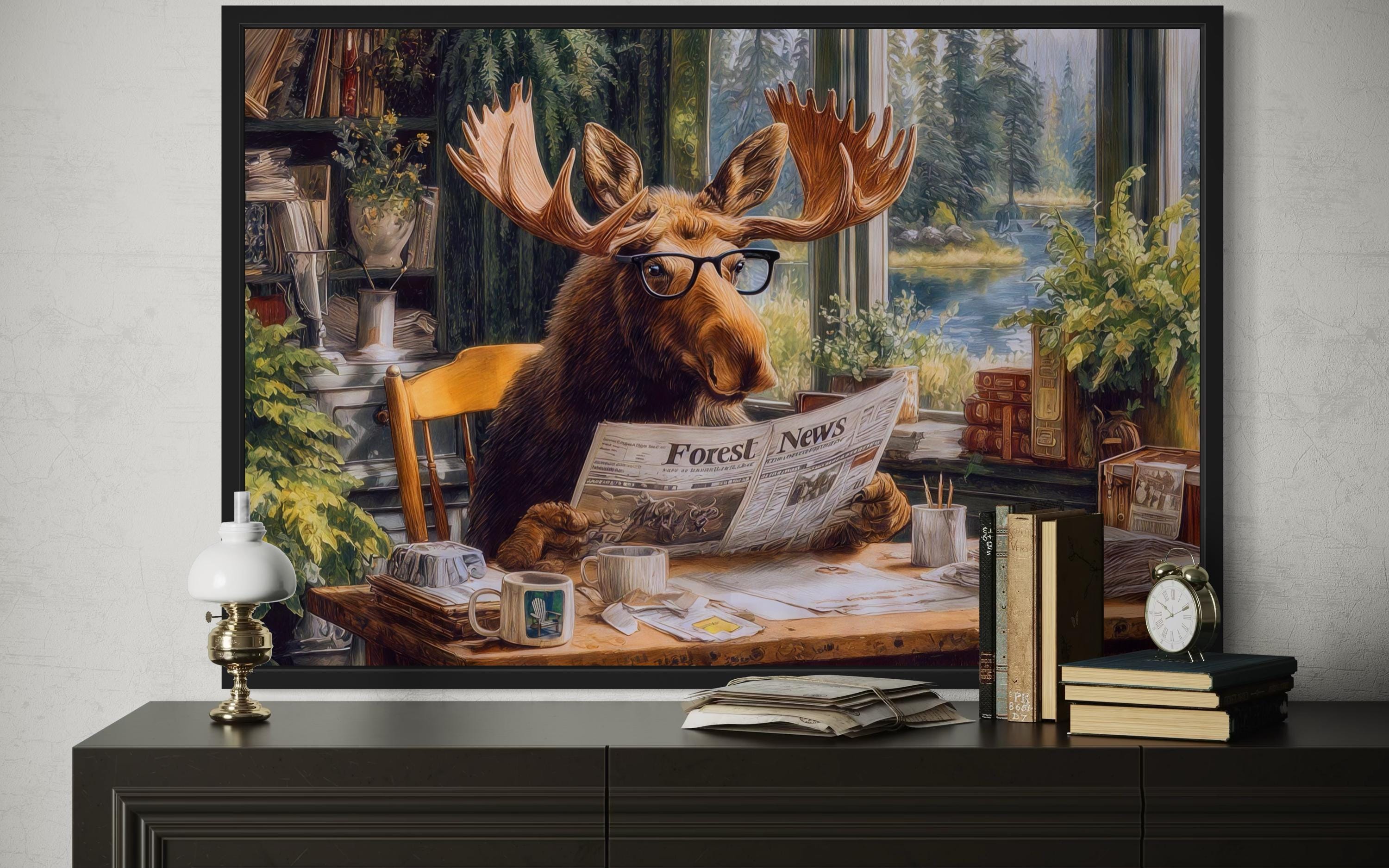 Office Moose Reading Newspaper Framed Canvas Wall Art