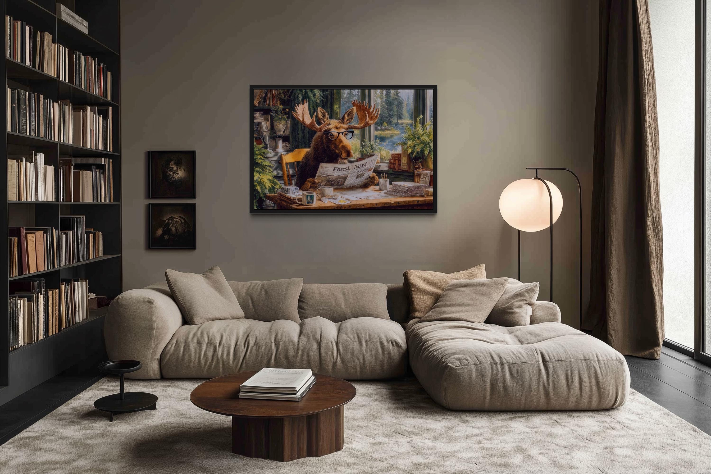 Office Moose Reading Newspaper Framed Canvas Wall Art