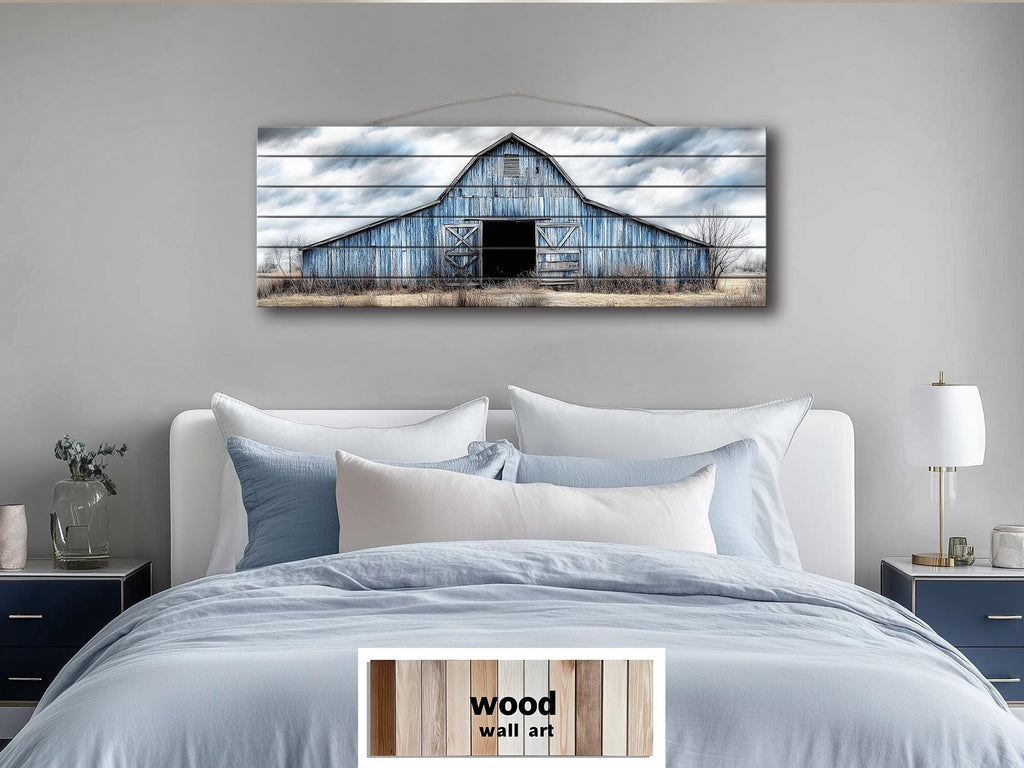 Old Blue Barn Long Horizontal Real Wood Wall Art