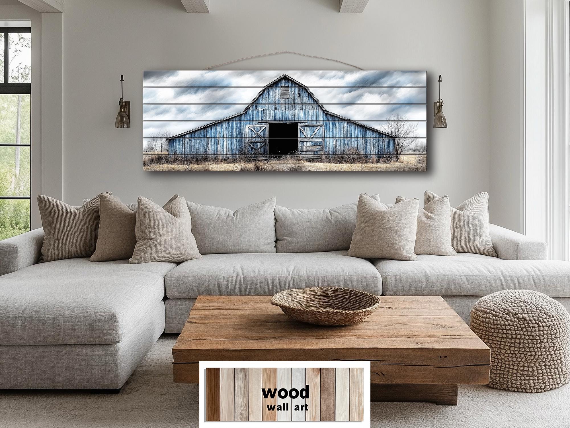 Old Blue Barn Long Horizontal Real Wood Wall Art