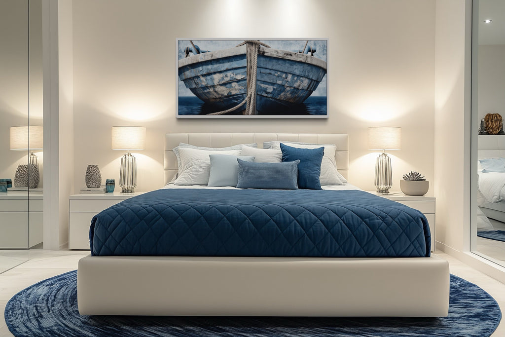 Old Blue White Rustic Boat Nautical Framed Canvas Wall Art