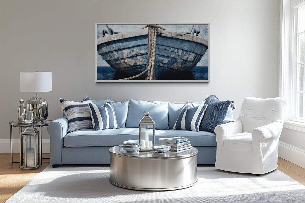 Old Blue White Rustic Boat Nautical Framed Canvas Wall Art