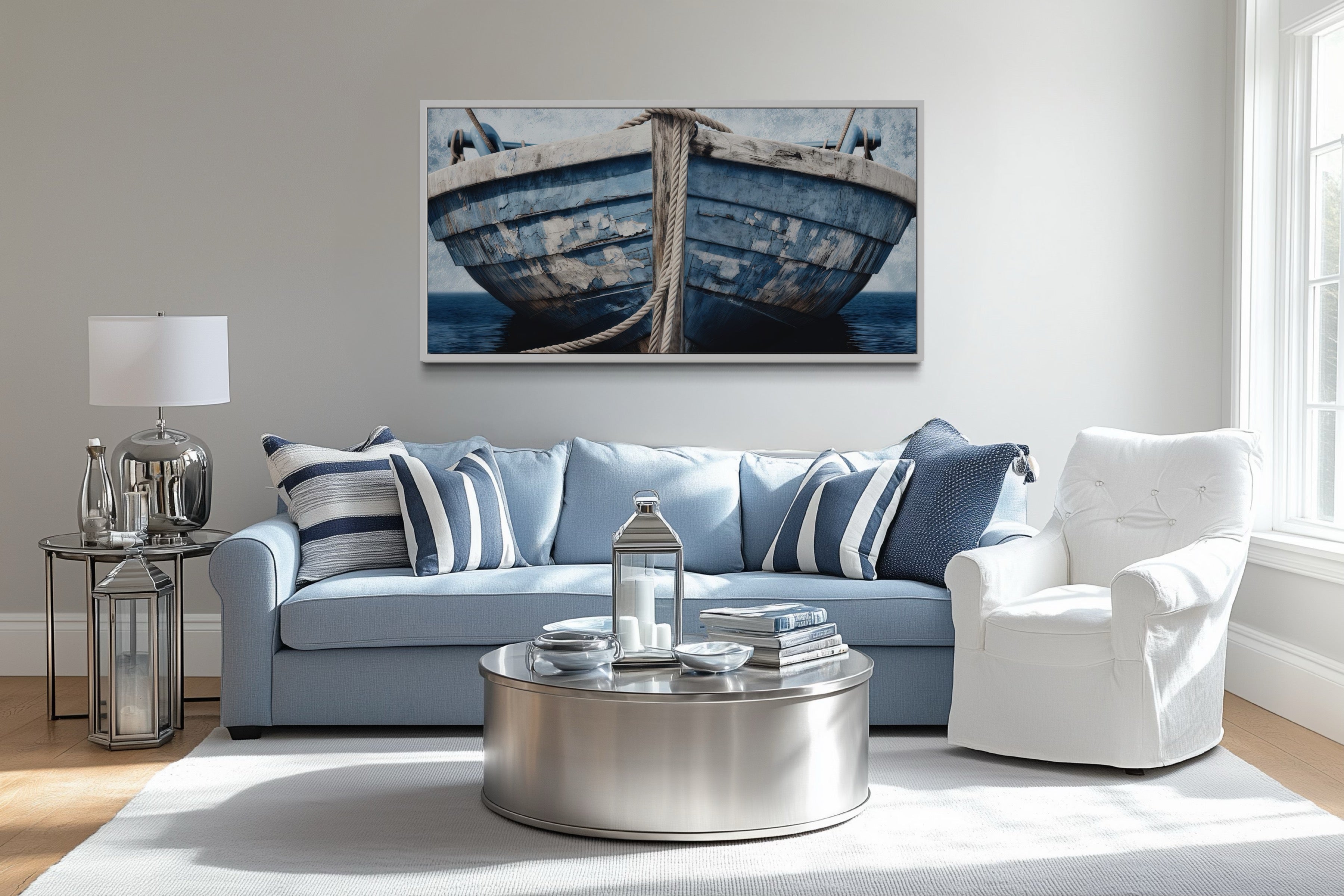 Old Blue White Rustic Boat Nautical Framed Canvas Wall Art