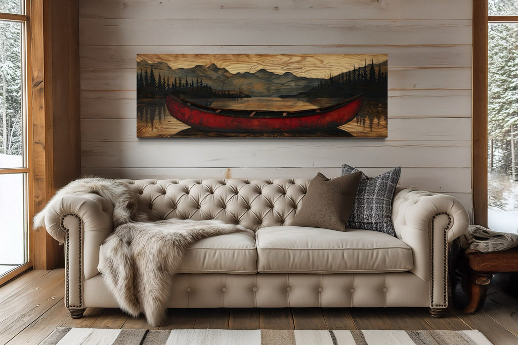 Old Red Canoe Painted On Wood Long Horizontal Framed Canvas Wall Art