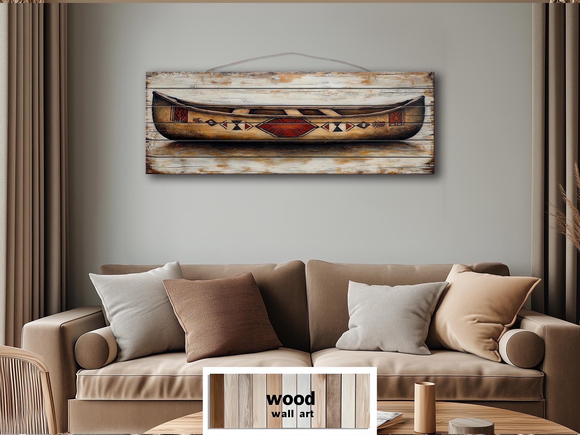 Old Wooden Brown Canoe Long Horizontal Rustic Real Wood Wall Art