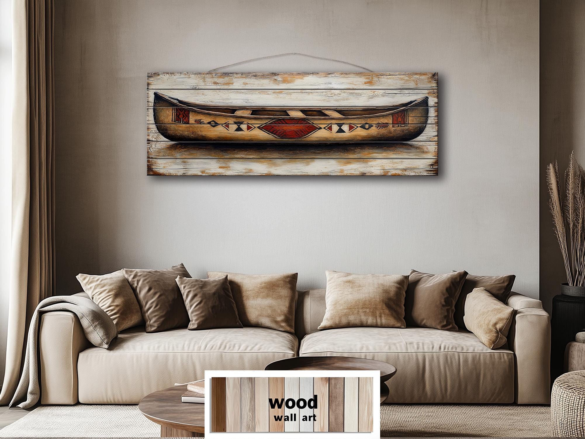 Old Wooden Brown Canoe Long Horizontal Rustic Real Wood Wall Art
